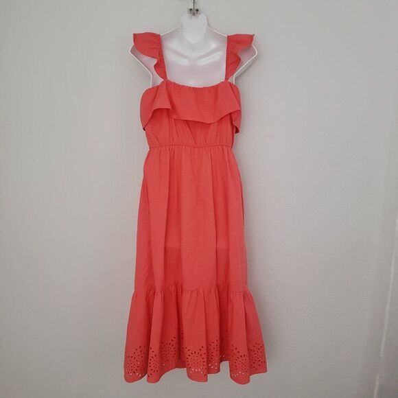 Lauren Conrad Midi Dress Small Orange Eyelet Ruffles Tiered Cottagecore - Picture 7 of 9